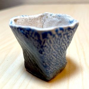 Tiny Porcelain Ceramic Cup. Blue & White. Textured.